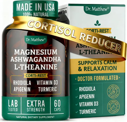 Cortisol Reducer & Adrenal Support SupplementNatural Stress Relief with Ashwagandha KSM-66, Magnesium