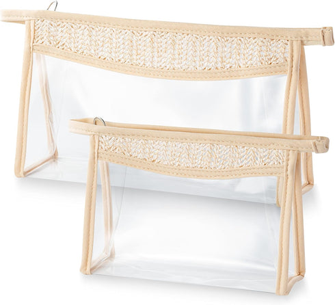 Boho Clear Cosmetic Bag - 2Pcs Waterproof Toiletry Bag Travel Makeup Bag, Beige Transparent PVC Zipper Pouch for Women