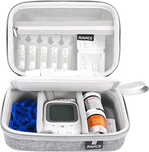 RAIACE Hard Storage Case for Diabetic Supplies, Fits Glucose Meter, Insulin Pen, Blood Sugar Test Strips, Gray
