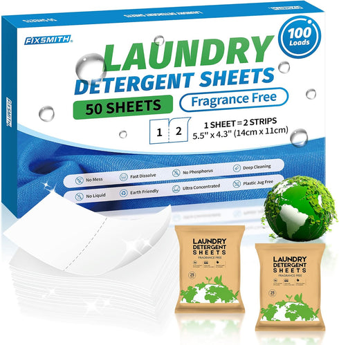 FIXSMITH Laundry Detergent Sheets - 100 Loads (50 Sheets) Fragrance Free, Hypoallergenic, Eco-Friendly Travel Detergent
