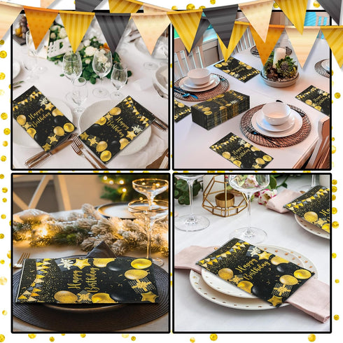 Zonon 200 Pcs Happy Birthday Guest Napkins Black and Gold Themed Disposable Party Napkins Balloon Disposable Hand