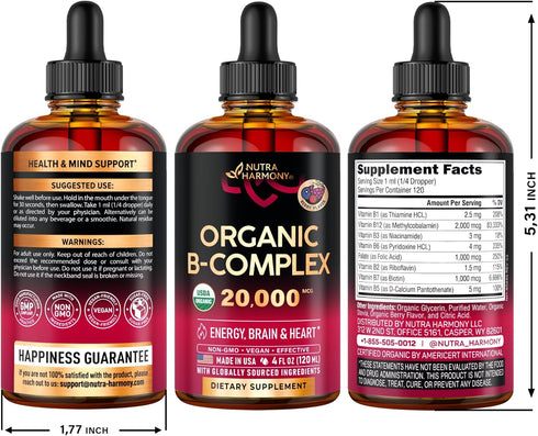 USDA Organic Vitamin B-Complex - B5 Pantothenic Acid, B12 Methylcobalamin, B1 Thiamine, B6 Pyridoxine, B7 Biotin, B9
