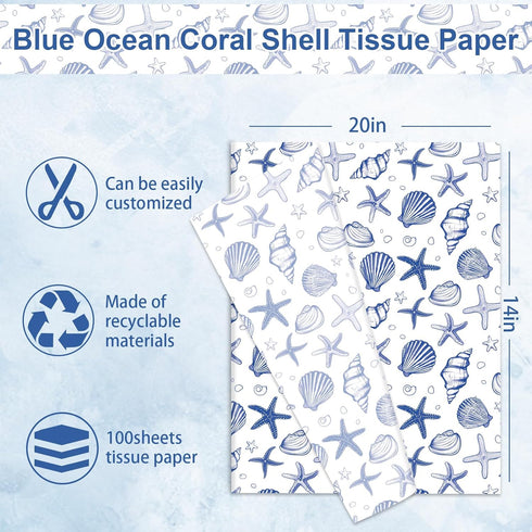 JarThenaAMCS 100 Sheets Ocean Tissue Paper Blue Sea Shell Starfish Gift Wrapping Paper Coastal Beach DIY Art Craft Tissue for Wedding Birthday Summer Party Decor Supplies, 14 x 20 Inch
