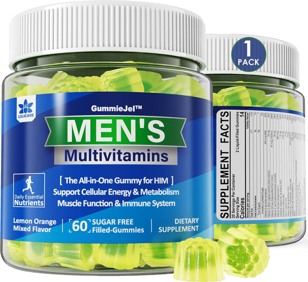 Mens Multivitamins Gummies, Multiminerals, Vegan Omega 3, CoQ10, Probiotics, Daily Vitamins A C D3 E B6 B12, 60 Cts