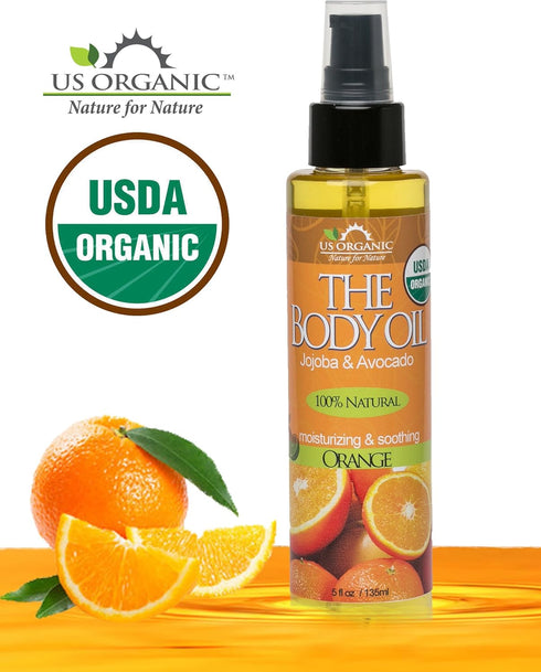 US Organic Body Oil - Fresh Orange Jojoba and Avocado Oil with Vitamin E, USDA Certified Organic, 5 Fl. oz.