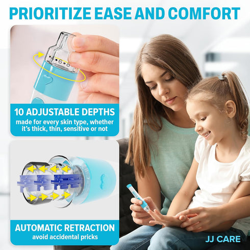 JJ CARE Lancing Device, Lancet Pen with 10 Adjustable Depth Settings for Diabetes Testing, Push Button Ejector