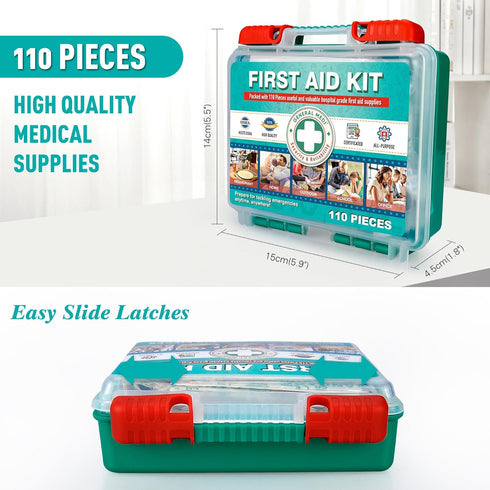 General Medi 110 Pieces Small First Aid Kit - Hard Case First Aid Box for Travel, Home, Office, Camping