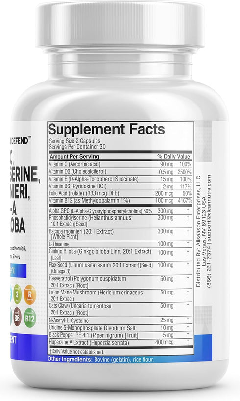 Clean Nutraceuticals Alpha GPC Choline 300mg, Phosphatidylserine 3000mg, Bacopa Monnieri 6000mg & Ginkgo Biloba