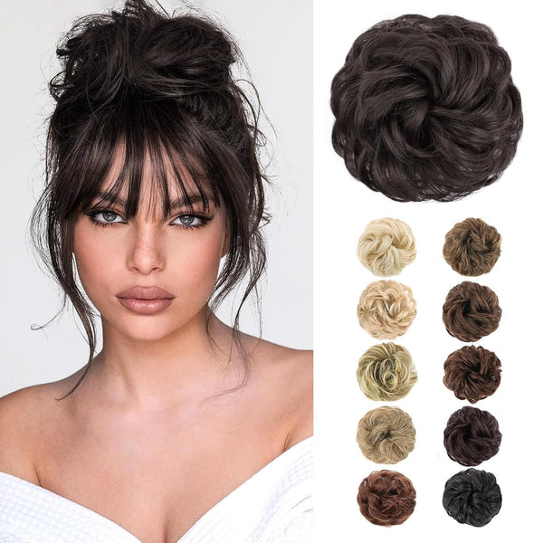MORICA Messy Hair Bun Scrunchies Extension, Curly Wavy Synthetic Chignon Hairpieces for Women (4# Darkest Brown)