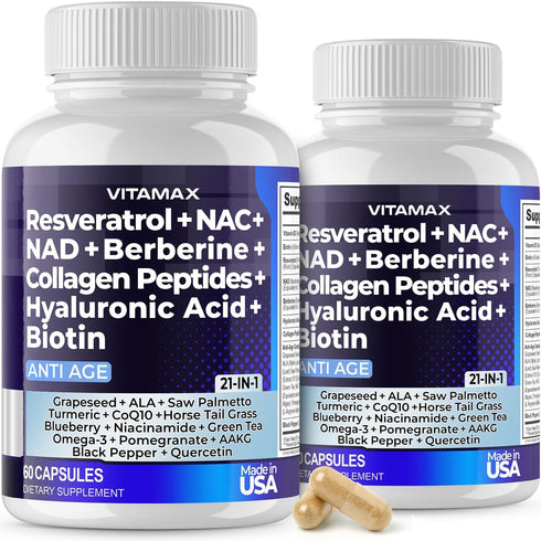 Vitamax Resveratrol NAD+ Berberine Hyaluronic Acid - Collagen Peptides for Hair, Nail, Skin & Joint - 120 Count