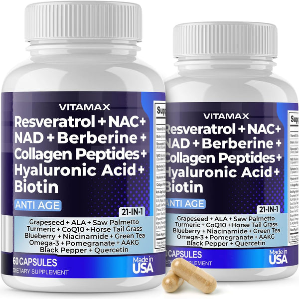Vitamax Resveratrol NAD+ Berberine Hyaluronic Acid - Collagen Peptides for Hair, Nail, Skin & Joint - 120 Count