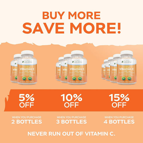 Purely Holistic Vitamin C 1000mg - 365 Capsules, 12 Month Supply, Timed Release with Rosehip & Acerola Cherry