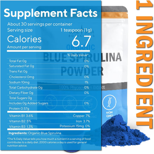 Organic Blue Spirulina Powder - 100% Pure Superfood Blue-Green Algae, 60 Servings, Natural Food Coloring for Smoothies