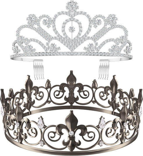 King Crown 2 Pcs Royal Metal Crystal Tiara Crown for Men, Women, Bridegroom, Bride, Princess for Weddings