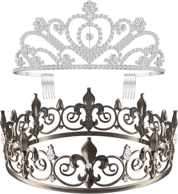 King Crown 2 Pcs Royal Metal Crystal Tiara Crown for Men, Women, Bridegroom, Bride, Princess for Weddings