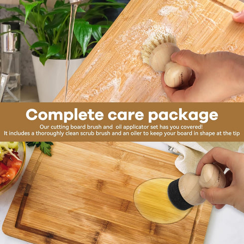 Cutting Board Oil Wax Applicator and Scrub Brush Set, Natural Bamboo with Sisal Fiber and Sponge for Utensil Care