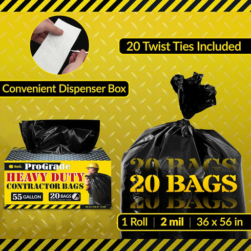Reli. Contractor Trash Bags 55 Gallon Heavy Duty | 20 Bags w/Ties | Construction Garbage Bags | Industrial | Extra Large/Big | Black by Reli.