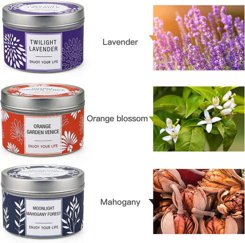 Set 3 Pack 6.2 oz 30-35 Scented Candle Gift for Women, Large Soy Wax Candles in Tins, Each, Hr Burn, Lavender, Orange