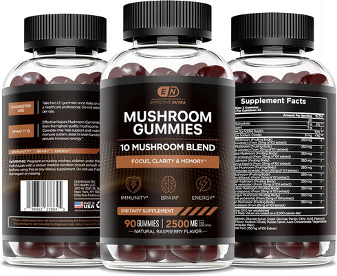 Mushroom Gummies 10 Blend - 2500mg Complex for Brain Booster, Immune Support, Energy (90ct)