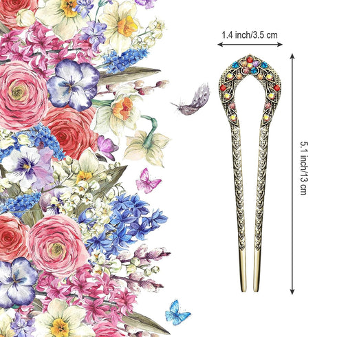 Waydress 5 Pcs Vintage Hair Fork, French Hair Pin for Buns, Metal Chignon Pin with Crystal Rhinestone Double Prong