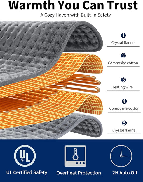 XXX-Large Heating Pad for Back Pain Relief, 17" X 33" - Extra XL Electric Heat Pad with 6 Temperature Settings, Grey