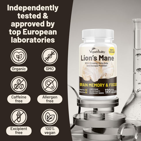 Lions Mane Supplement Capsules, Nootropic Brain Support, 120 Vegan Bacopa Monnieri, Gotu Kola, Ginseng Capsules