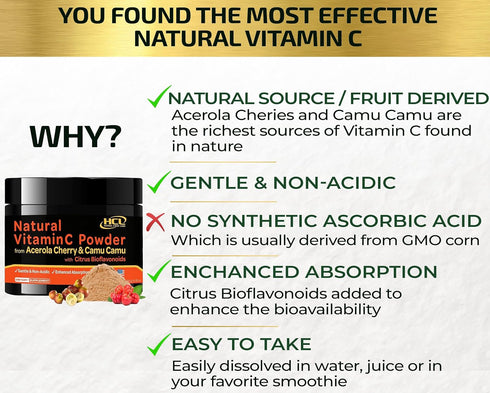 Natural Vitamin C from Organic Acerola Cherry & Camu Camu Powder, 90 Servings, Immune System & Collagen Booster