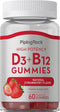 Piping Rock Vitamin D3 + B12 Complex Gummies, High Potency, Strawberry Flavor, Vegetarian, Non-GMO, Gluten Free