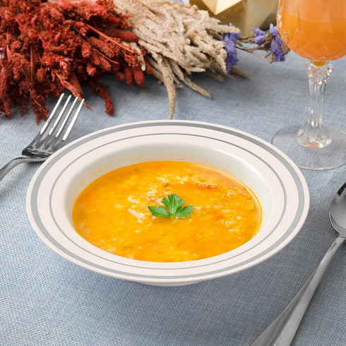 SETUP 12 oz. Disposable Plastic Soup Bowls, 50 Piece with Silver Rim - Heavy-Duty for Party, Wedding, and Occasions