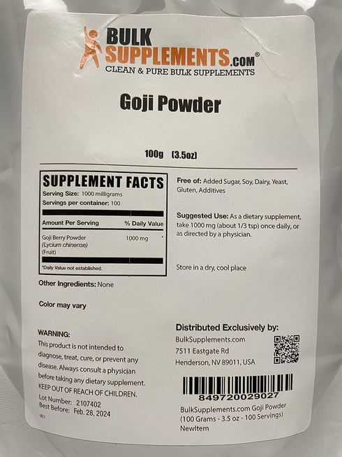 BulkSupplements.com Goji Berry Powder, Herbal Supplement for Immune Support, 1000mg per Serving, Gluten Free