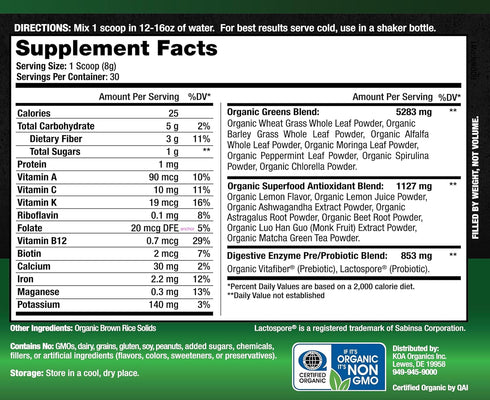 KOA Organics -30 Greens Superfood Juice Powder - USDA Organic Super Greens Powder with with Spirulina, Chlorella