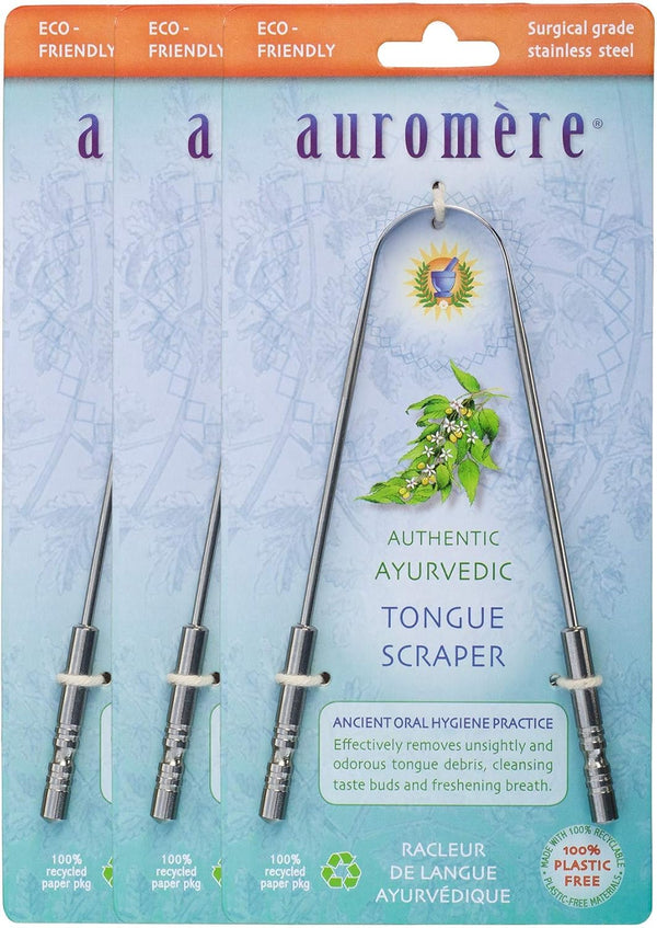 Auromere Tongue Cleaner, Eco Friendly Stainless Steel, Ancient Oral Hygiene, Eliminate Bad Breath (3 Pack)