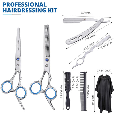 Professional Hair Cutting Scissors Kit - 10 Piece Barber Set with Thinning Shears, Stainless Steel, Cape, Razor