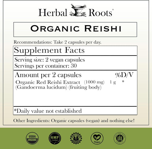Immune 60 Herbal Roots Organic Reishi Mushroom Capsules - Made with Fruiting Bodies - Support Energy, Vitality, & Heart