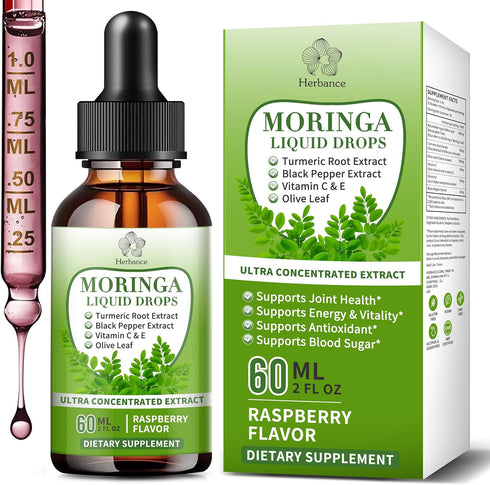Herbance Moringa Liquid Drops, Pure Moringa Supplements w. Turmeric, Olive Leaf, Black Pepper,