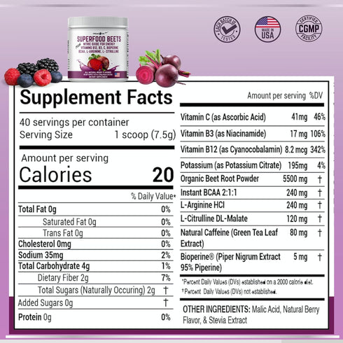 Superfood Beet Powder - Nitric Oxide, Green Tea, BCAA, L-Arginine, L-Citrulline for Heart Health Support, Non-GMO Berry