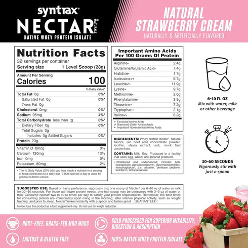 Syntrax Nutrition Nectar Naturals - 100% Whey Isolate Protein Powder, Natural Strawberry Cream, 2 lbs