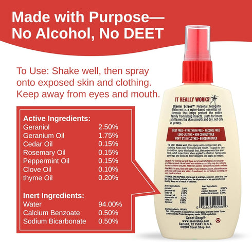 Skeeter Screen 90200 Mosquito Deterrent Spray – DEET-Free Essential Oil Blend – 4 Fl Oz Pump