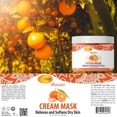 SPA REDI Body and Foot Cream Mask, Mandarin, 16 Oz, Hydrating Pedicure Massage for Tired Feet, Infused with Hyaluronic