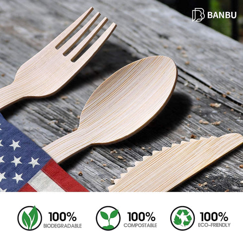 BANBU Bamboo Utensils Disposable, 100PK Bamboo Spoons, 100% Biodegradable Compostable Renewable Natural Travel Cutlery,