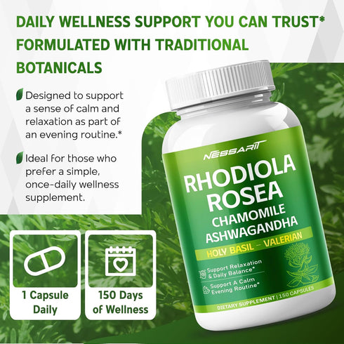 NESSARIT 11-in-1 150 Count RHODIOLA ROSEA Supplement- Natural Blend with Chamomile L-Theanine Ashwagandha Holy Basil