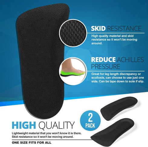 CALTO Half Elevator Insole for Men - 1/2 Inch Height Increase Taller Heel Lift Insert (2 Pack), Black