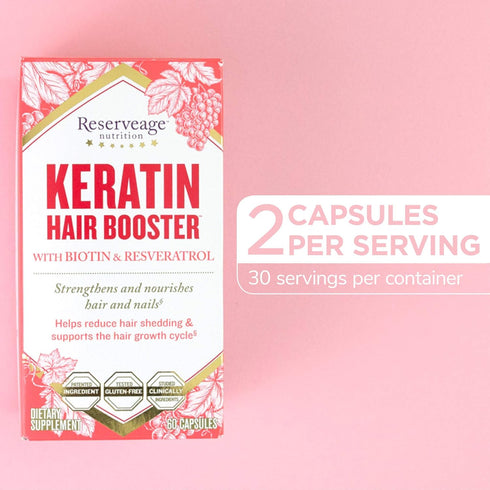 Reserveage Beauty Keratin Hair Booster with Biotin & Resveratrol, 60 Capsules for Healthy Hair and Nail Growth