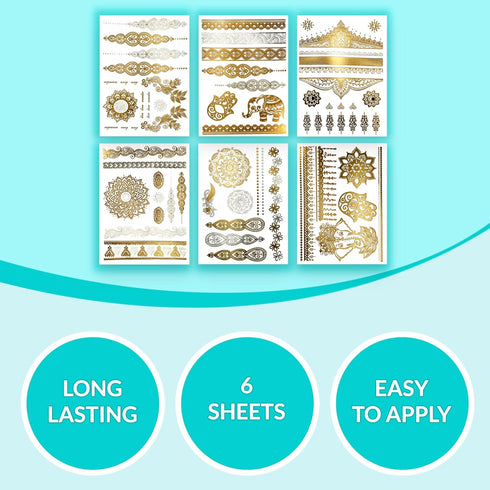Terra Tattoos Gold Metallic Tattoo Flash Sheets, Waterproof Face Tattoos for Women