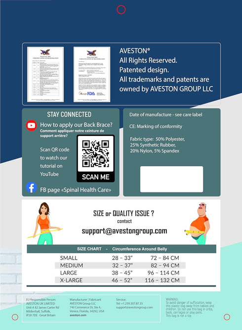 AVESTON Lower Back Brace for Back Pain Relief - Breathable Lumbar Support Belt for Men and Women, Large Size 38-45 inch