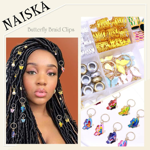 NAISKA 185Pcs Gold Butterfly Hair Jewelry | Gold Braid Hair Clips, Butterflies Charms, Dreadlock Accessories