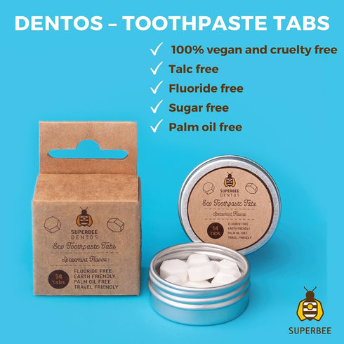 SuperBee Dentos Toothpaste Tablets, 14 Fluoride Free & Eco Friendly Chewable Toothpaste Tabs for Kids and Adults