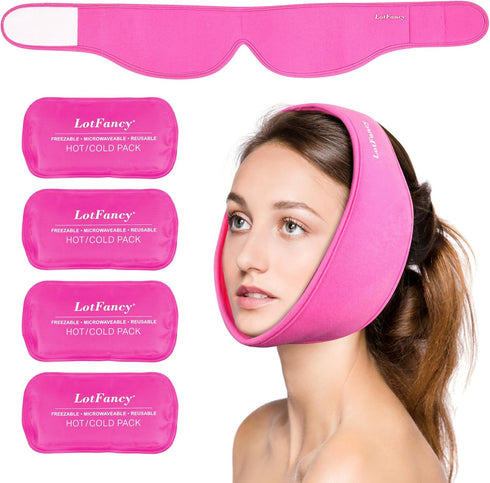 LotFancy Face Ice Pack Wrap with 4 Reusable Hot Cold Therapy Gel Packs for TMJ, Wisdom Teeth Pain Relief (Pink)