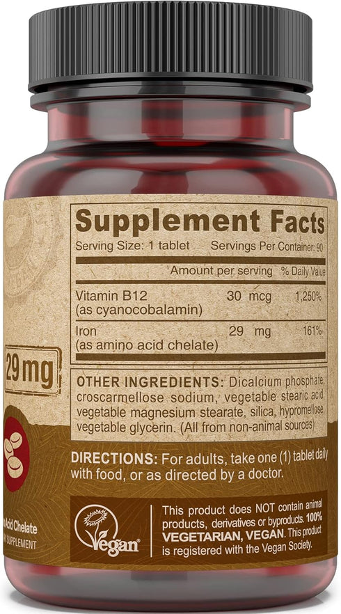 Deva Nutrition Vegan Chelated Iron 29 mg | 90 Tablets | Fortified with B-12, High Potency, Easy to Swallow