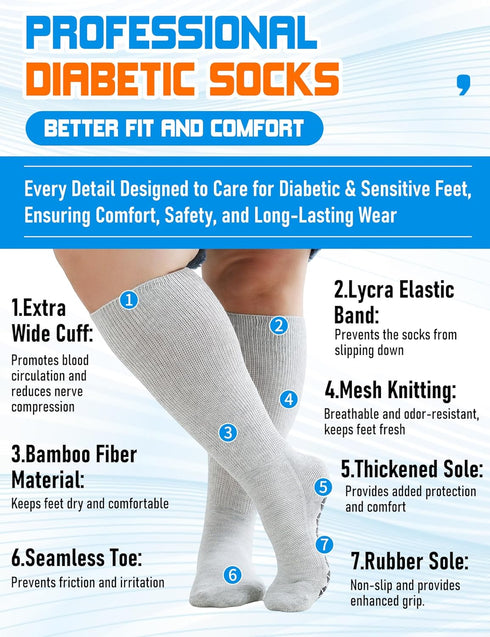 Orthostride Hospital-2 Wide Diabetic Socks for Men Women, Non Slip Grip Extra Long Edema Sock with Thickened Sole